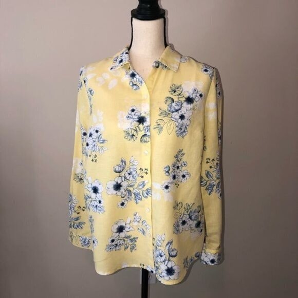 Charter Club Size S Linen Button Front Floral Blue Print Yellow Long Sleeve - Picture 1 of 8